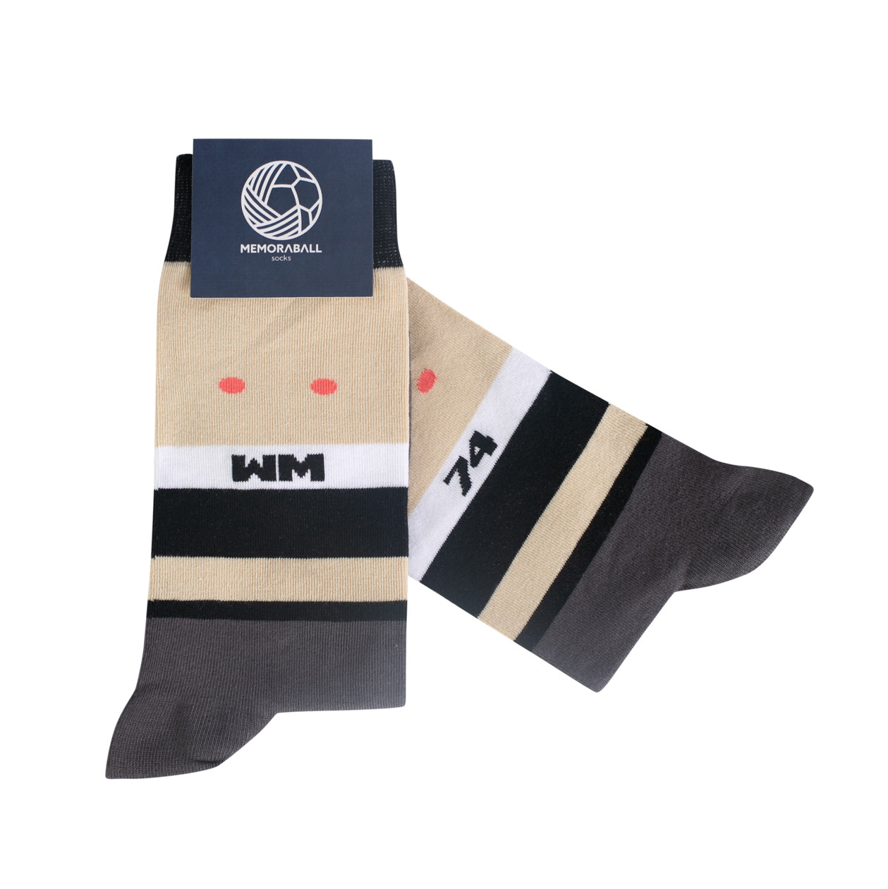 Portuguese-made soccer memoraball socks commemorating the 1974 World Cup with German colors and Tip and Tap mascot 