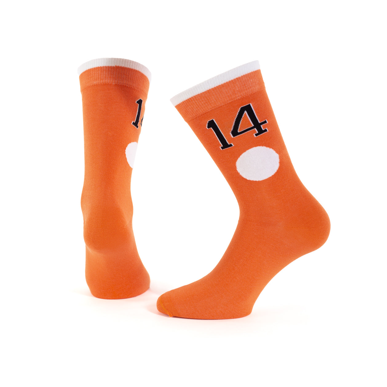 Memoraball socks celebrating Johan Cruyff's number 14 from the Clockwork Orange Dutch team, orange color