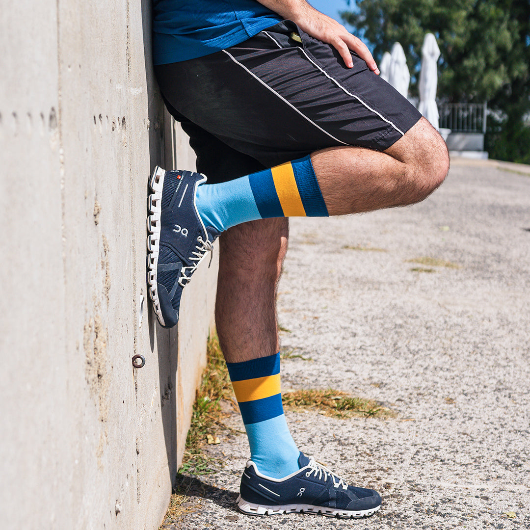 Memoraball limited edition football socks honoring La Bombonera with blue and yellow Boca Juniors colors