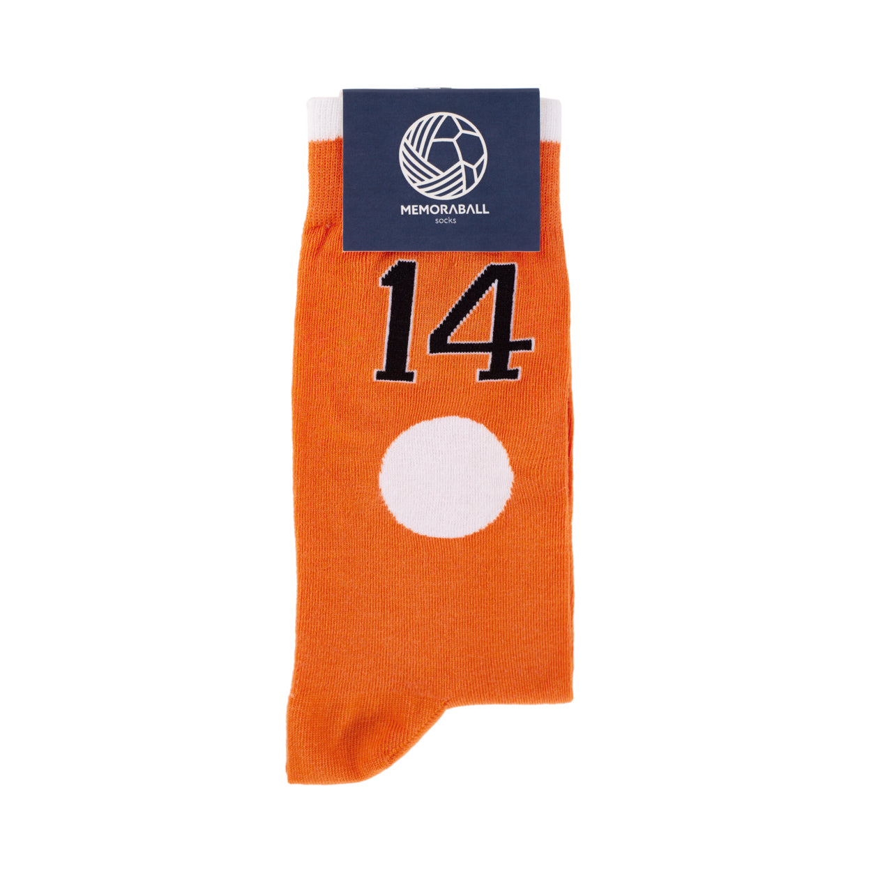 Memoraball socks celebrating Johan Cruyff's number 14, featuring Portuguese craftsmanship and Dutch orange