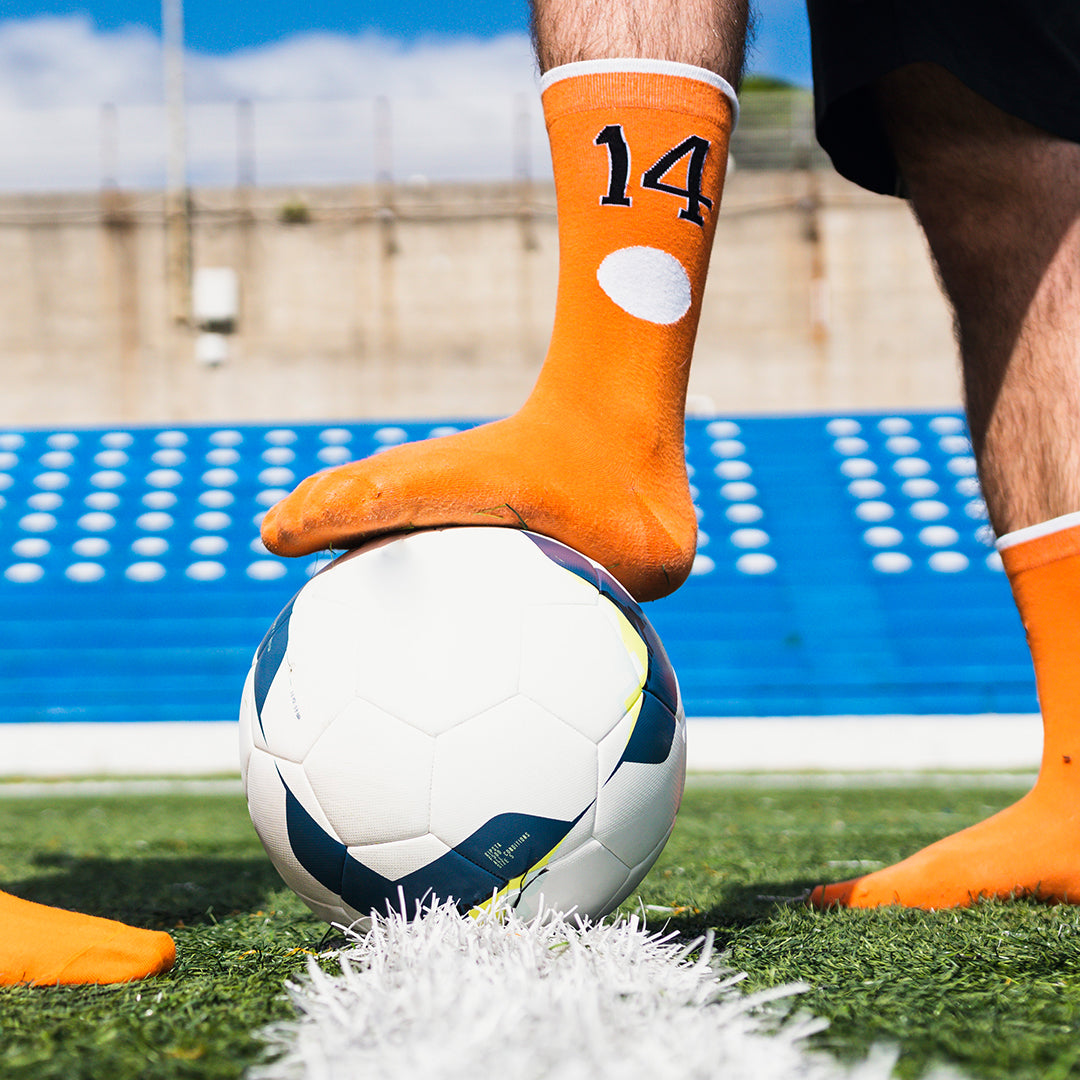Memoraball football socks honoring Johan Cruyff's number 14 with authentic Dutch orange colors