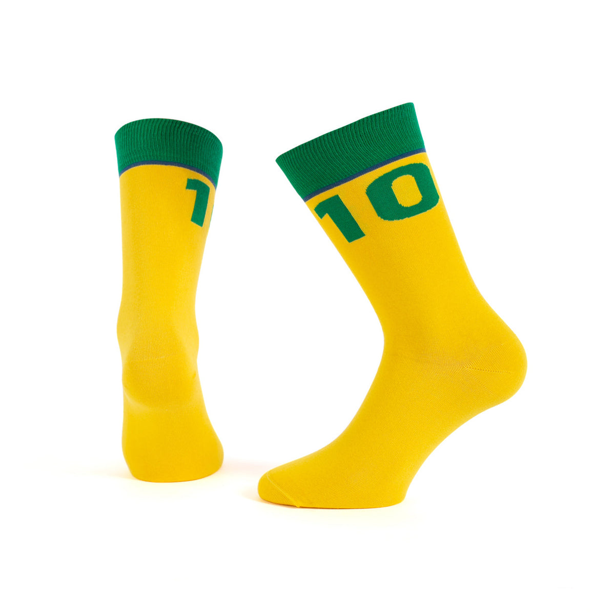 Memoraball socks honoring Pelé 'The 10', featuring Brazilian flag colors, designed with premium Portuguese craftsmanship